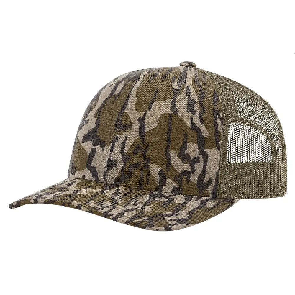 Richardson 112P camo trucker hat with mesh back and snapback closure