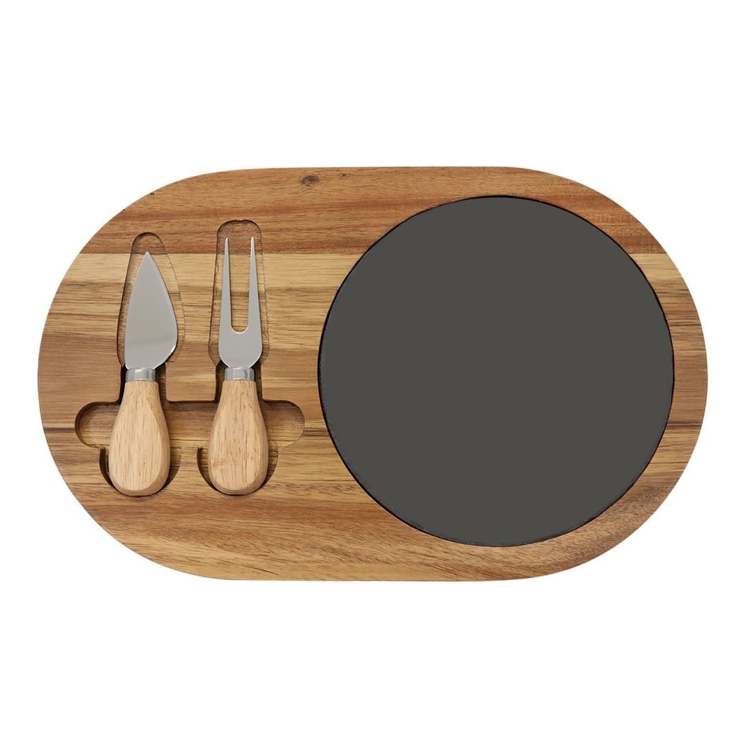 Acacia Wood/Slate Oval Cheese Set with Two Tools - The Luua Company