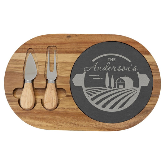 Acacia Wood/Slate Oval Cheese Set with Two Tools - The Luua Company