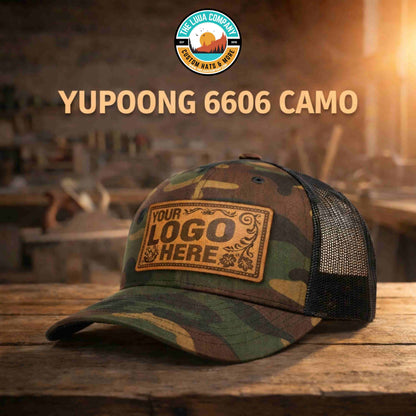 Custom Camo Yupoong 6606CA Trucker Hat | Personalized Leather Patch Camouflage Cap