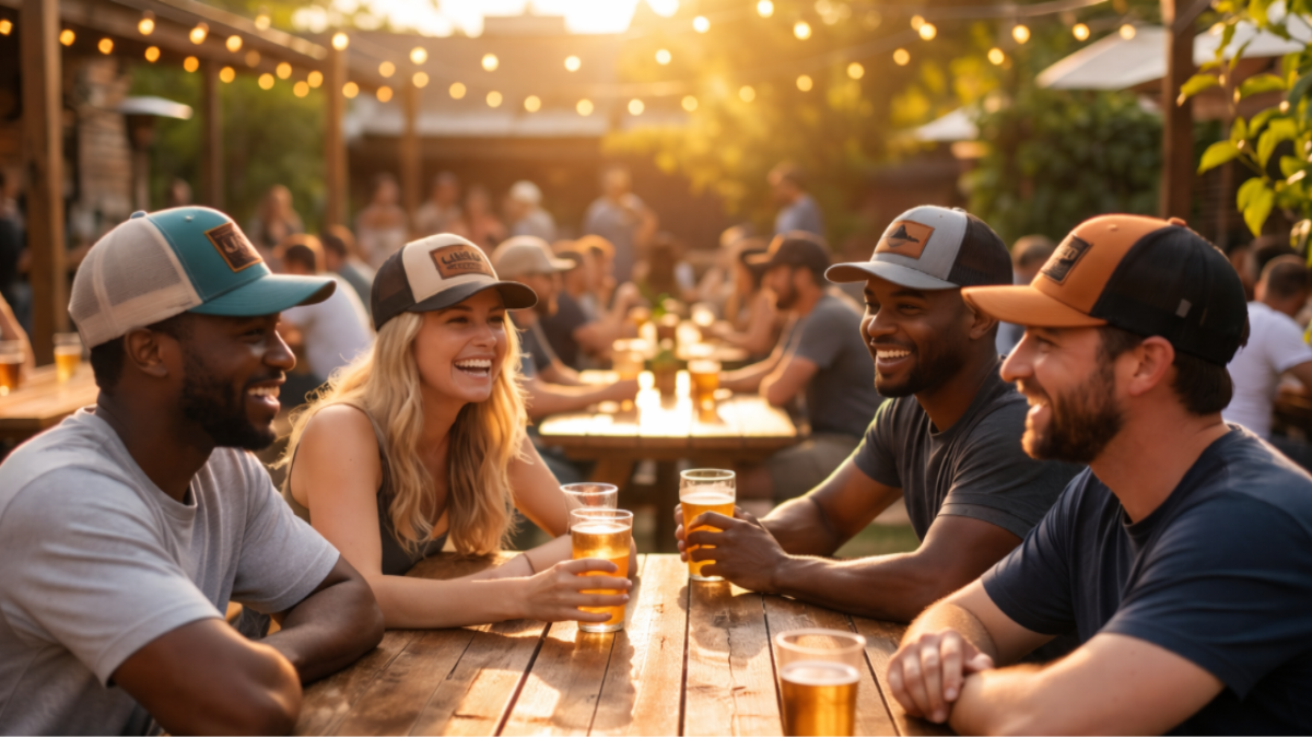 Group of people sitting around a  enjoying drinks and each other's company.