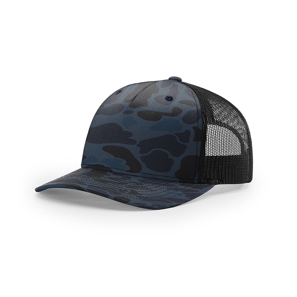Custom Richardson 112PFP Leather Patch Hat | 5-Panel Camo Trucker in admiral duck camo/black - The Luua Company