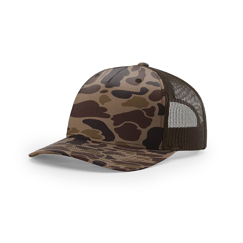 Custom Richardson 112PFP Leather Patch Hat | 5-Panel Camo Trucker in barn duck camo/brown - The Luua Company