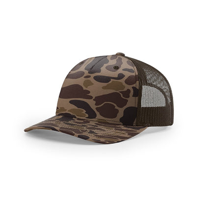 Custom Richardson 112PFP Leather Patch Hat | 5-Panel Camo Trucker in barn duck camo/brown - The Luua Company