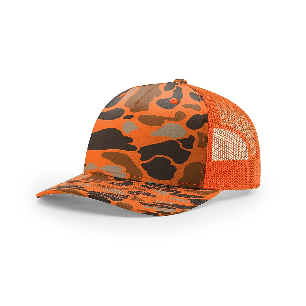 Custom Richardson 112PFP Leather Patch Hat | 5-Panel Camo Trucker in blaze duck camo/blaze - The Luua Company
