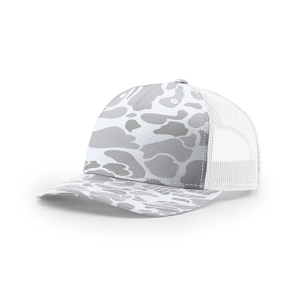 Custom Richardson 112PFP Leather Patch Hat | 5-Panel Camo Trucker in blizzard duck camo/white - The Luua Company