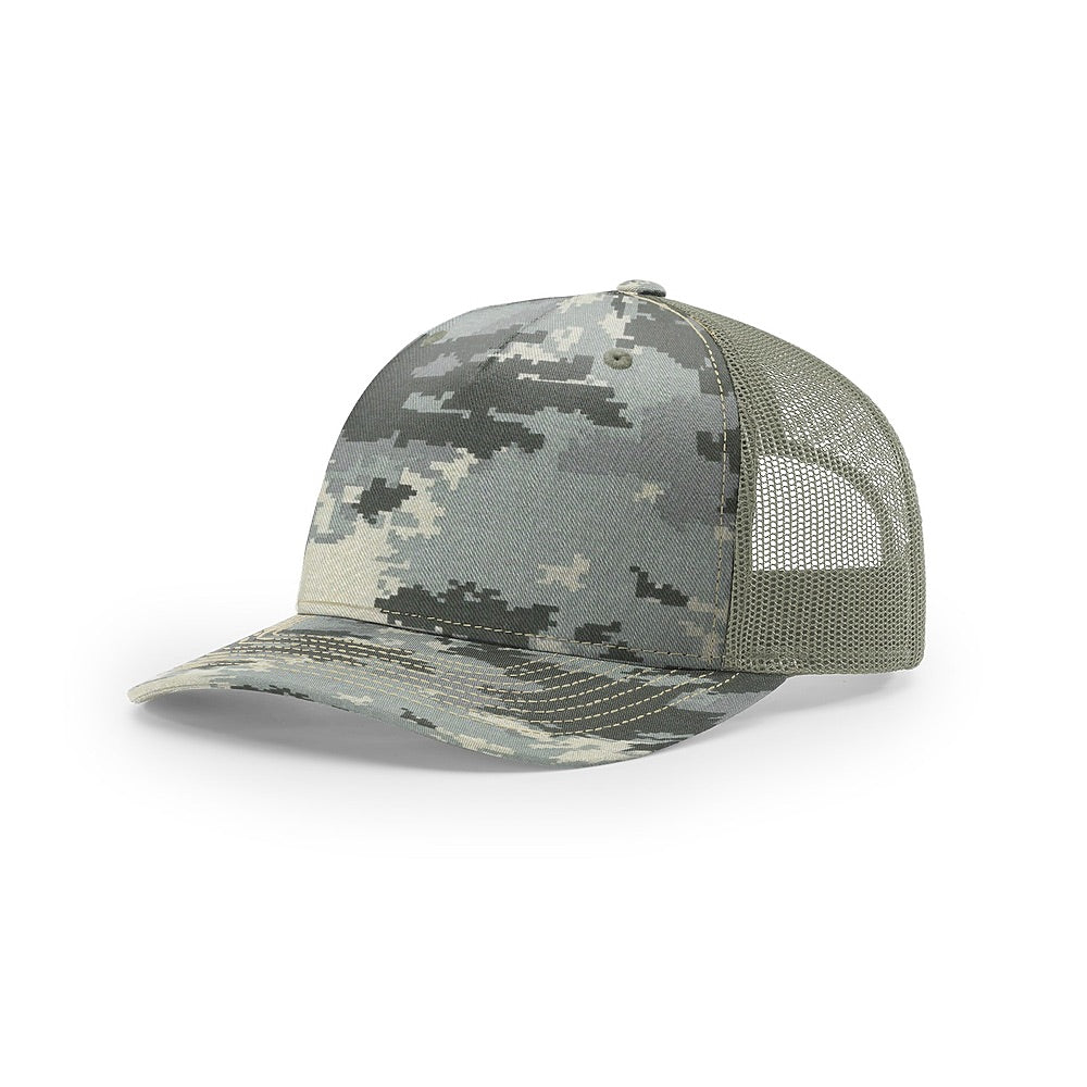 Custom Richardson 112PFP Leather Patch Hat | 5-Panel Camo Trucker in digital camo/light green - The Luua Company