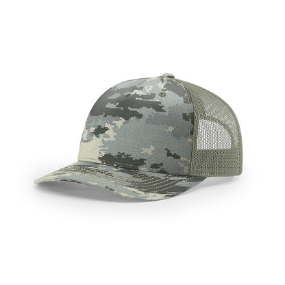 Custom Richardson 112PFP Leather Patch Hat | 5-Panel Camo Trucker in digital camo/light green - The Luua Company