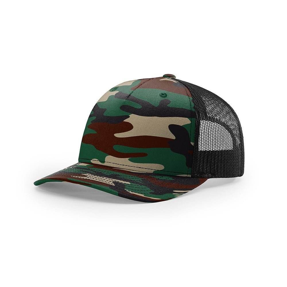 Custom Richardson 112PFP Leather Patch Hat | 5-Panel Camo Trucker in Green Camo/ Black - The Luua Company
