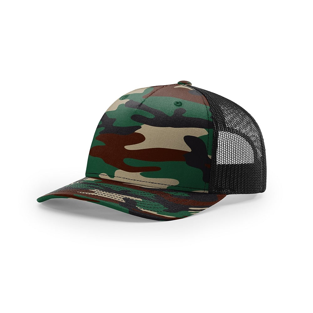Custom Richardson 112PFP Leather Patch Hat | 5-Panel Camo Trucker in green camo/black - The Luua Company