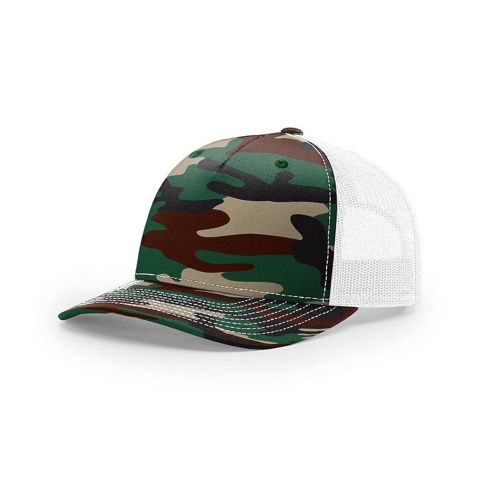 Custom Richardson 112PFP Leather Patch Hat | 5-Panel Camo Trucker in Green Camo/ White - The Luua Company