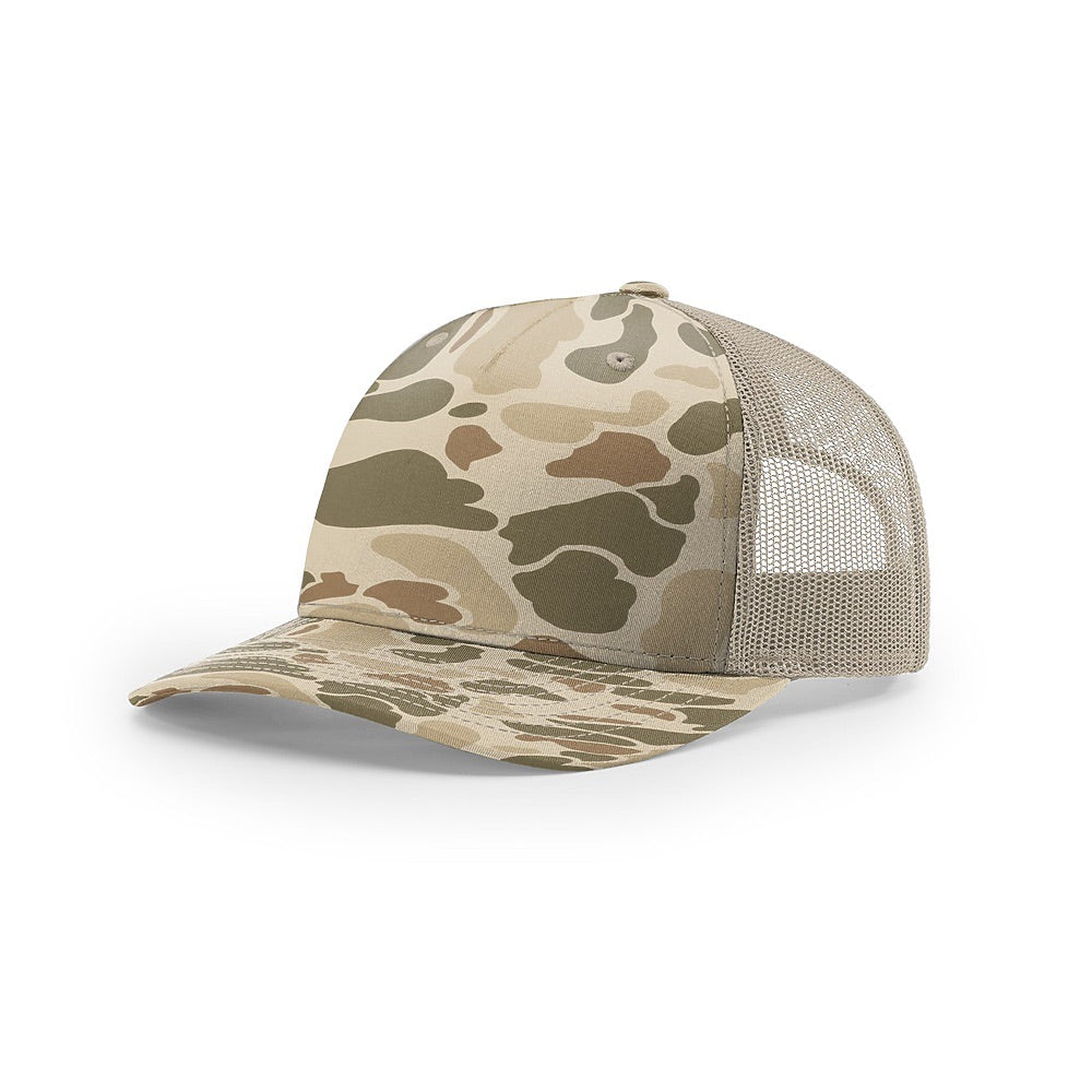 Custom Richardson 112PFP Leather Patch Hat | 5-Panel Camo Trucker in harvest duck camo/light tan - The Luua Company