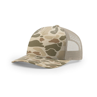 Custom Richardson 112PFP Leather Patch Hat | 5-Panel Camo Trucker in harvest duck camo/light tan - The Luua Company