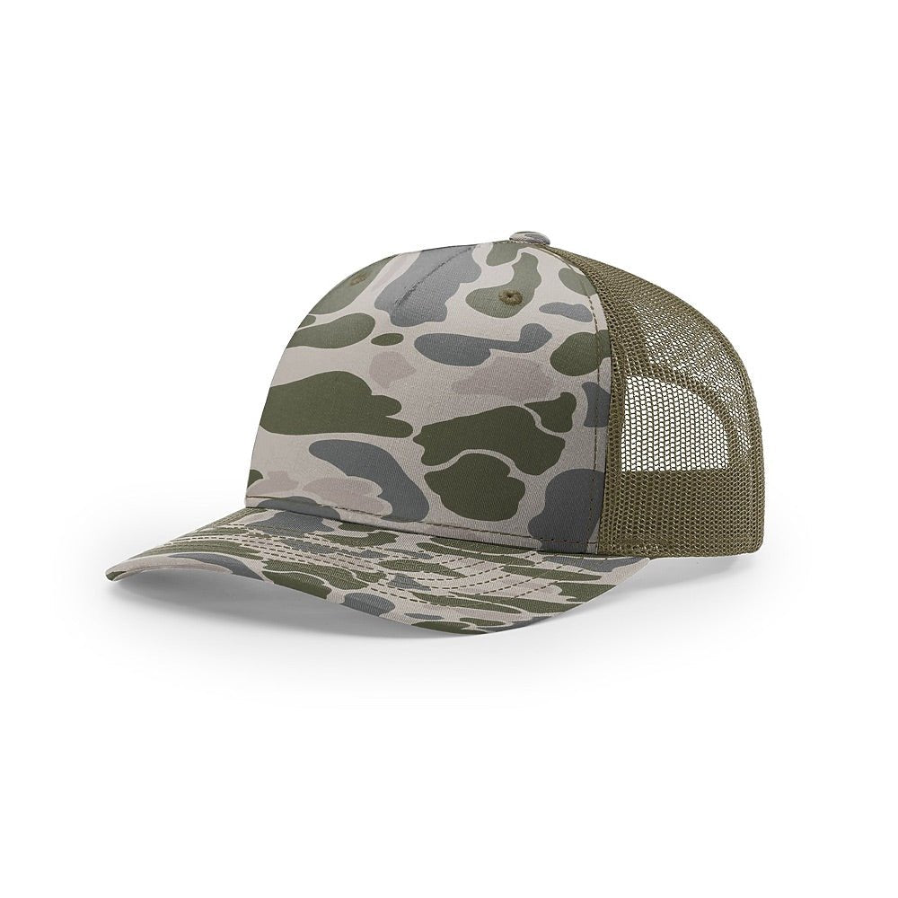 Custom Richardson 112PFP Leather Patch Hat | 5-Panel Camo Trucker in Marsh Duck Camo/ Loden - The Luua Company