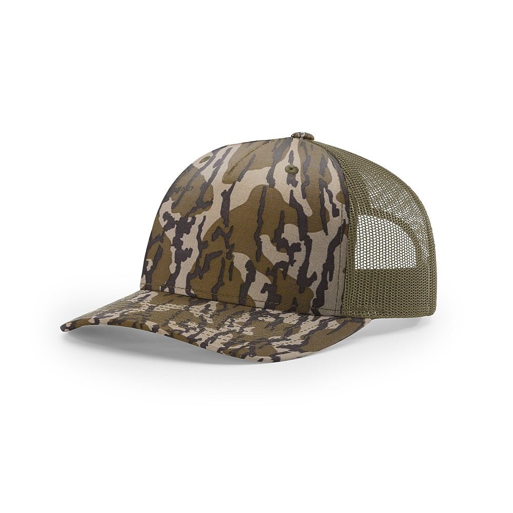 Custom Richardson 112PFP Leather Patch Hat | 5-Panel Camo Trucker in Mossy Oak Bottomland/ Loden - The Luua Company