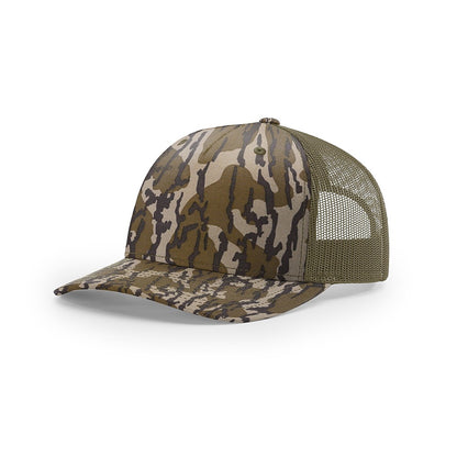Custom Richardson 112PFP Leather Patch Hat | 5-Panel Camo Trucker in mossy oak bottomland/loden - The Luua Company