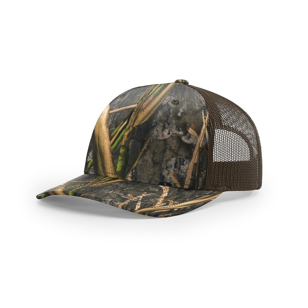 Custom Richardson 112PFP Leather Patch Hat | 5-Panel Camo Trucker in Mossy Oak Habitat/ Brown - The Luua Company