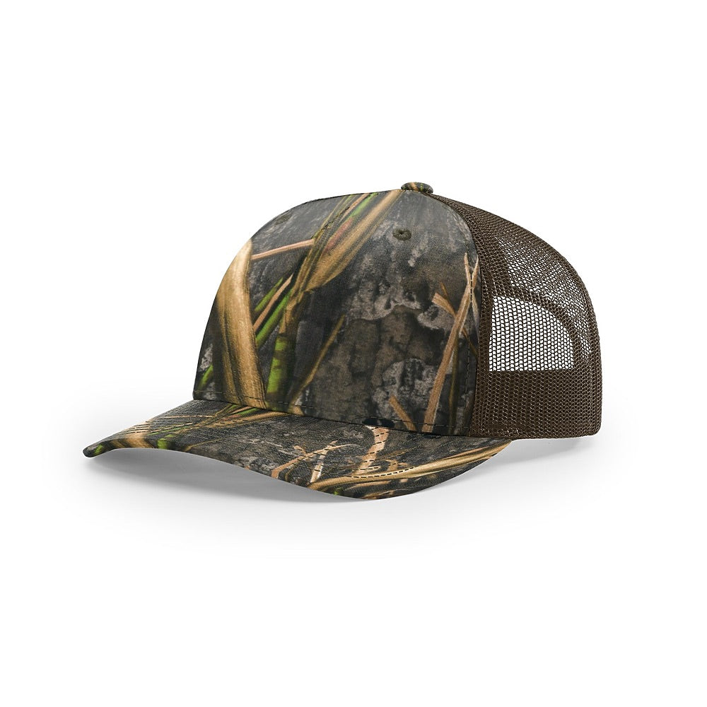 Custom Richardson 112PFP Leather Patch Hat | 5-Panel Camo Trucker in mossy oak habitat/brown - The Luua Company