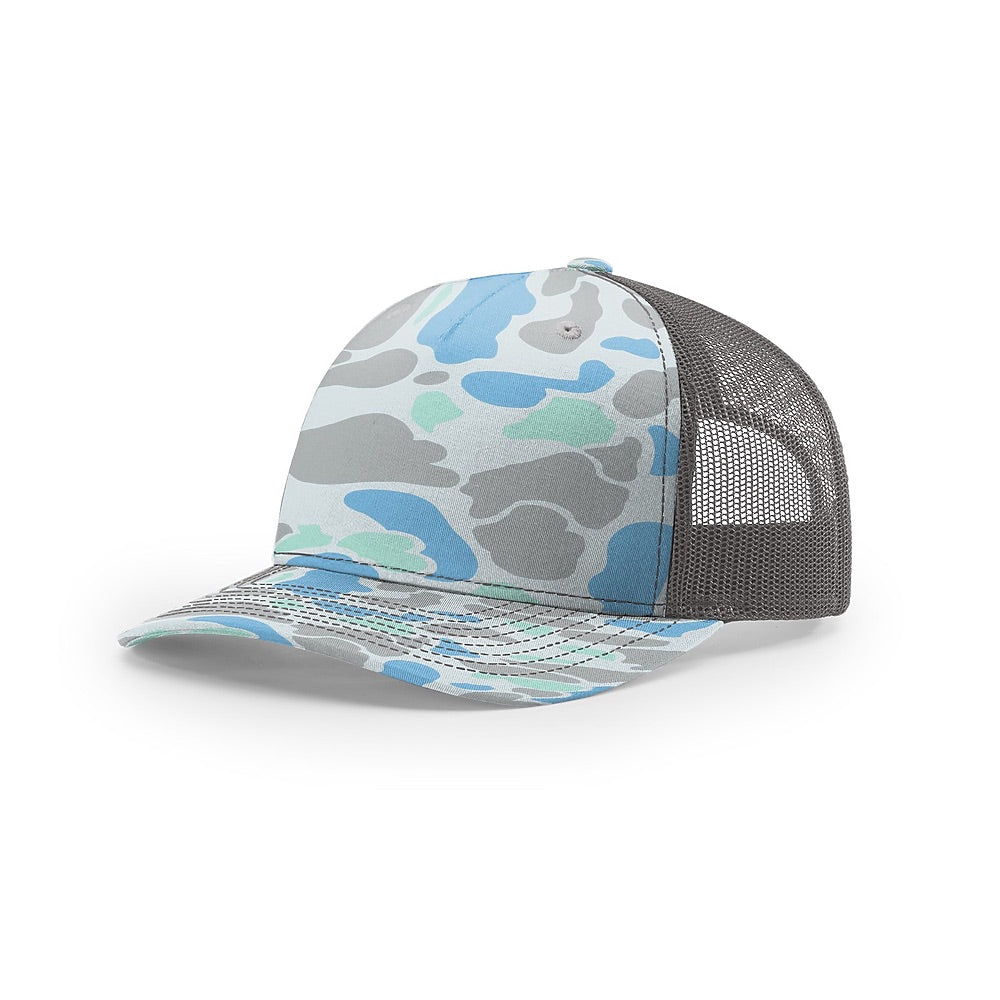 Custom Richardson 112PFP Leather Patch Hat | 5-Panel Camo Trucker in saltwater duck camo/charcoal - The Luua Company