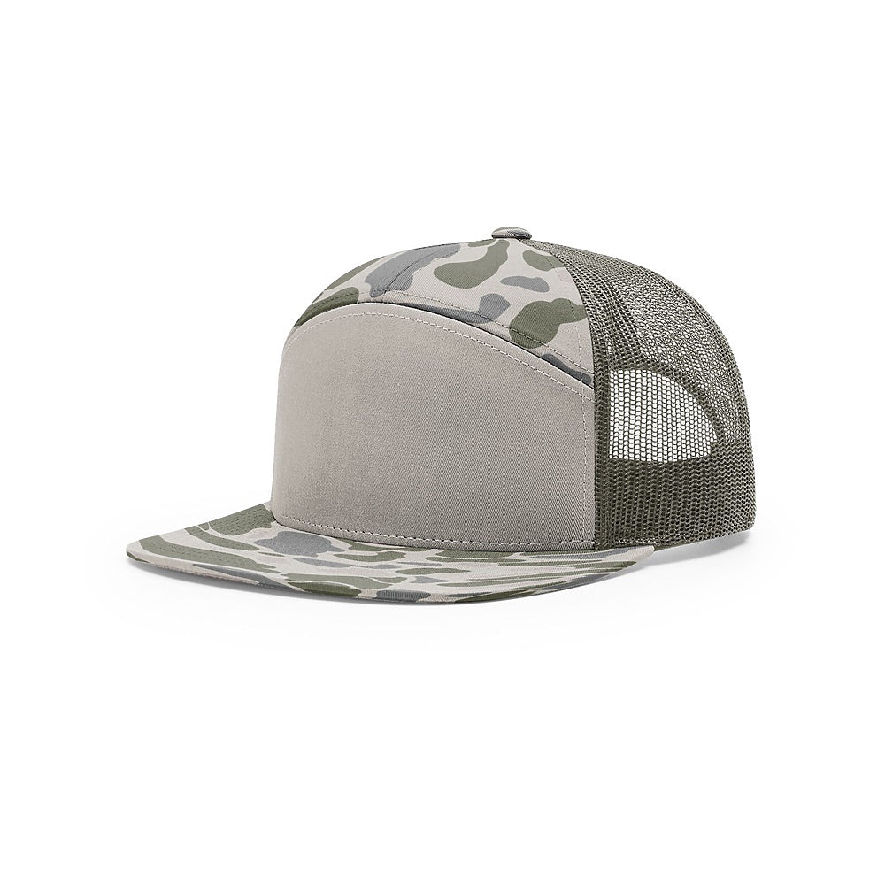 Custom Richardson 168P - 7 - Panel Flat Bill Camo Trucker Hat - marsh duck camo/loden - The Luua Company