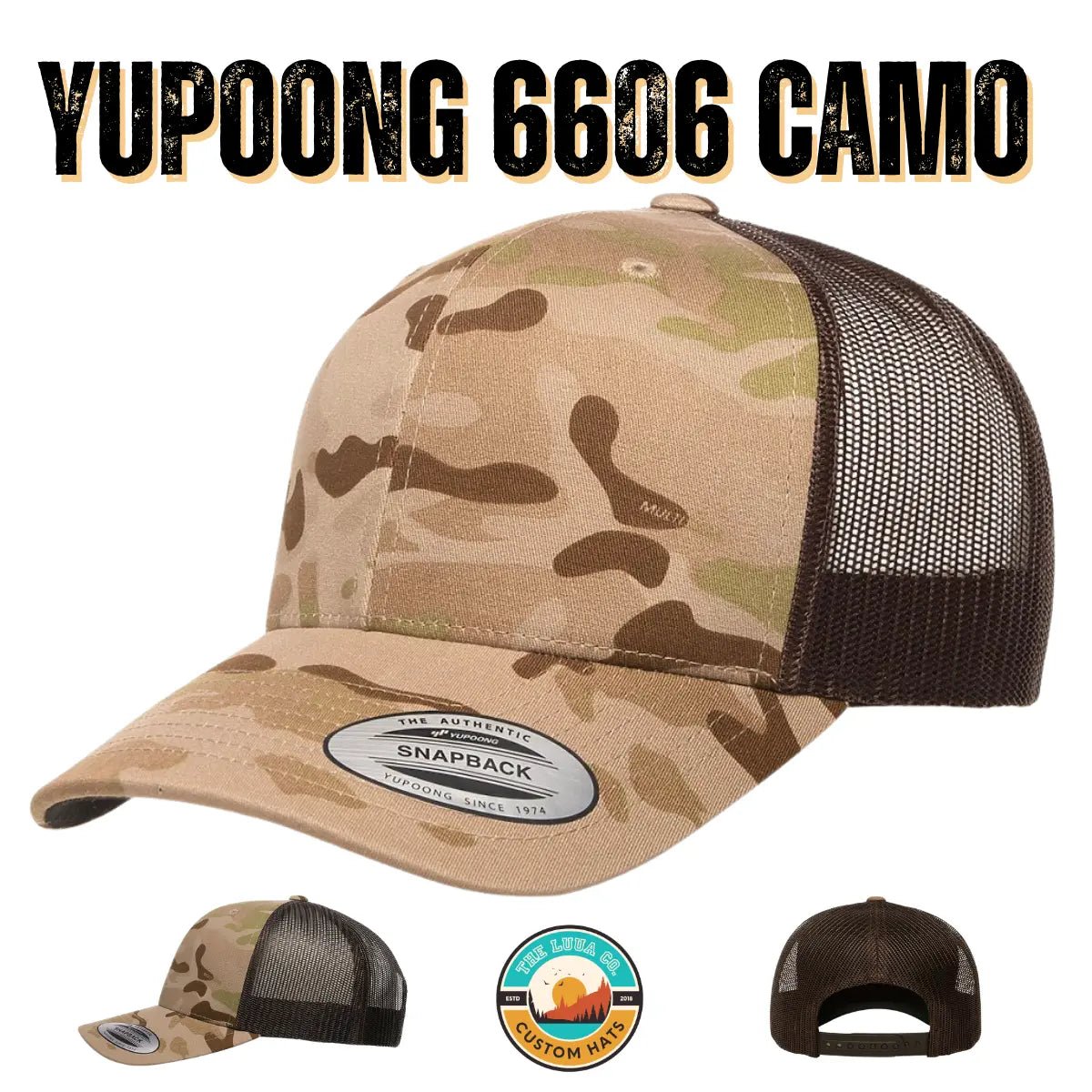 Custom Camo Yupoong 6606CA Trucker Hat | Personalized Leather Patch Camouflage Cap - The Luua Company