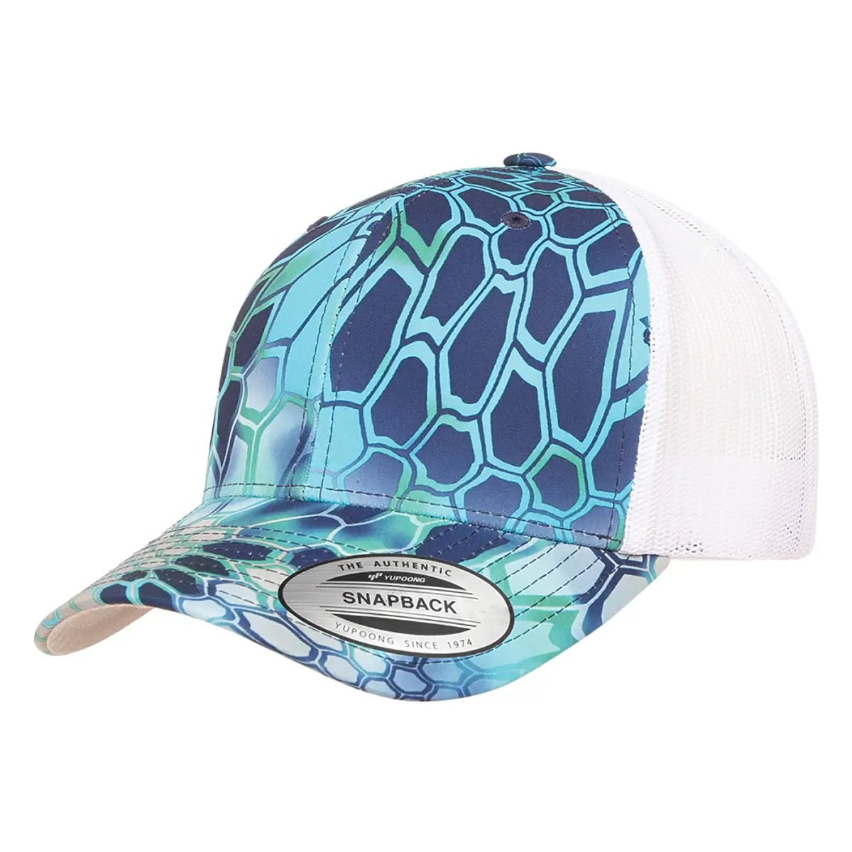 Custom Camo Yupoong 6606CA Trucker Hat | Personalized Leather Patch Camouflage Cap in Kryptek Pontus - The Luua Company