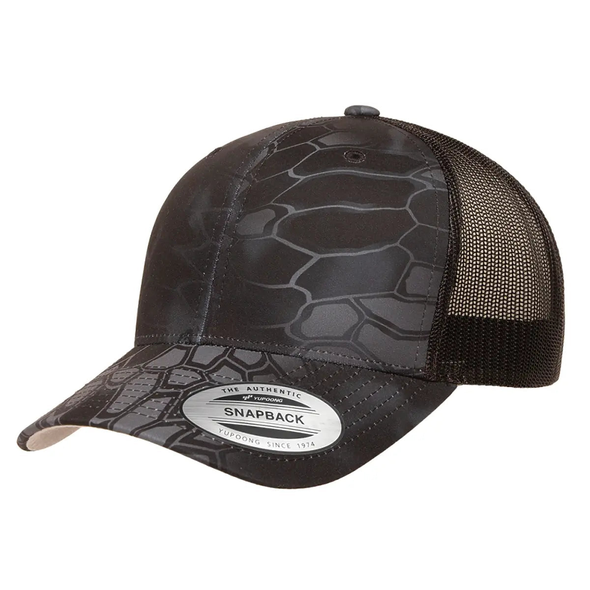 Custom Camo Yupoong 6606CA Trucker Hat | Personalized Leather Patch Camouflage Cap in Kryptek Typhon - The Luua Company