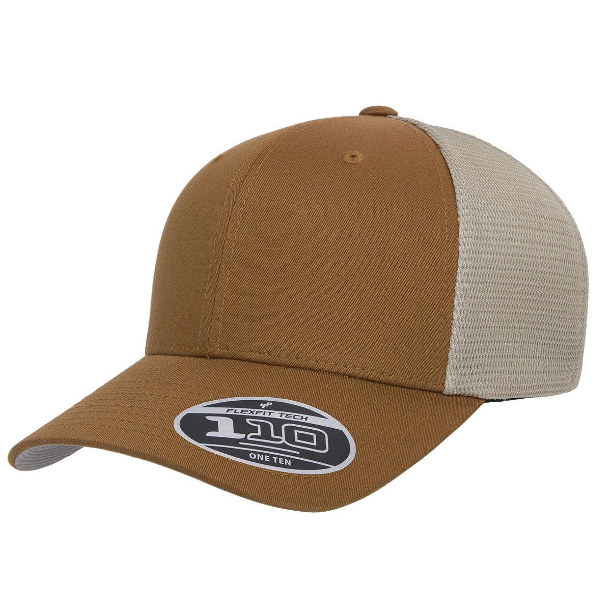 Custom Flexfit 110M Mesh - Back Cap | Structured 6 - Panel Stretch Trucker - Caramel/ Khaki - The Luua Company