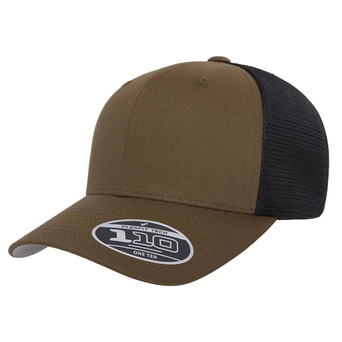 Custom Flexfit 110M Mesh - Back Cap | Structured 6 - Panel Stretch Trucker - Coyote Brown/ Black - The Luua Company
