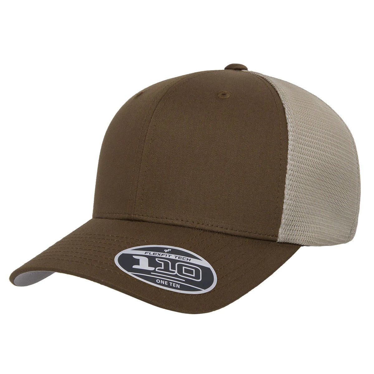 Custom Flexfit 110M Mesh - Back Cap | Structured 6 - Panel Stretch Trucker - Coyote Brown/ Khaki - The Luua Company
