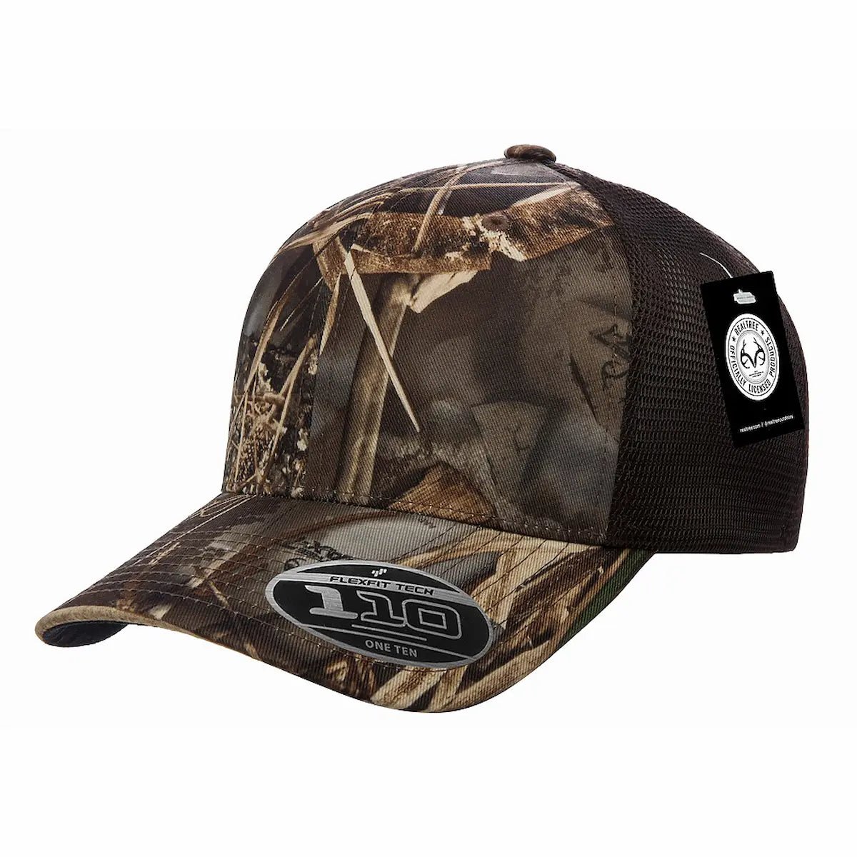 Custom Flexfit 110M Mesh - Back Cap | Structured 6 - Panel Stretch Trucker - Realtree Max7/ Brown - The Luua Company