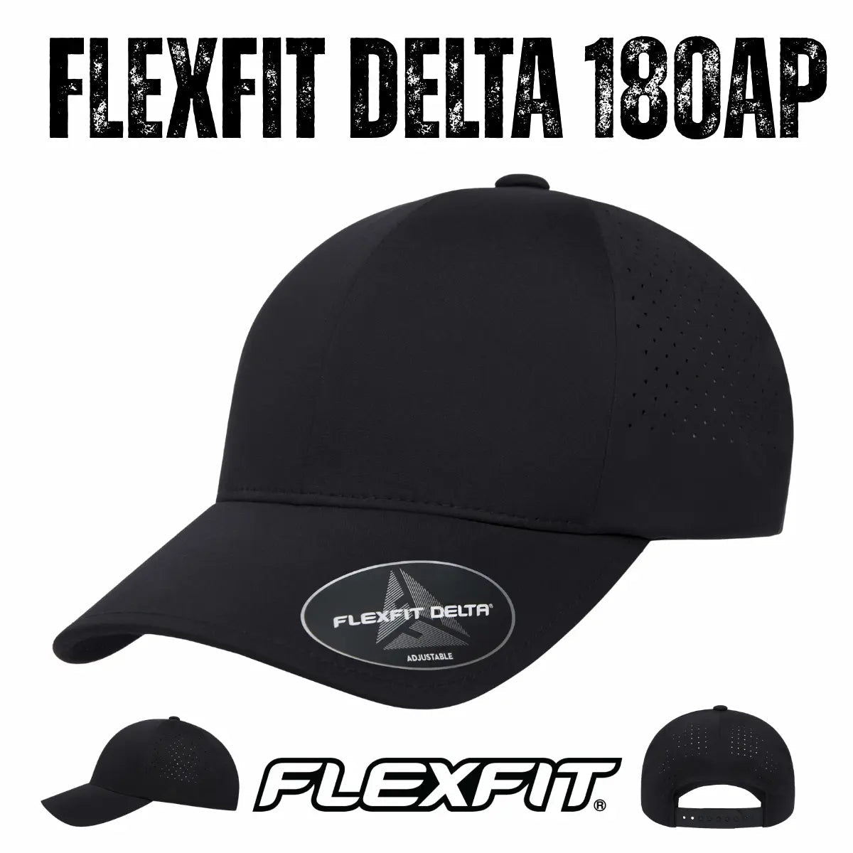Custom Flexfit 180AP Delta Perforated Cap | Seamless Water - Resistant Tech Hat - Black - The Luua Company
