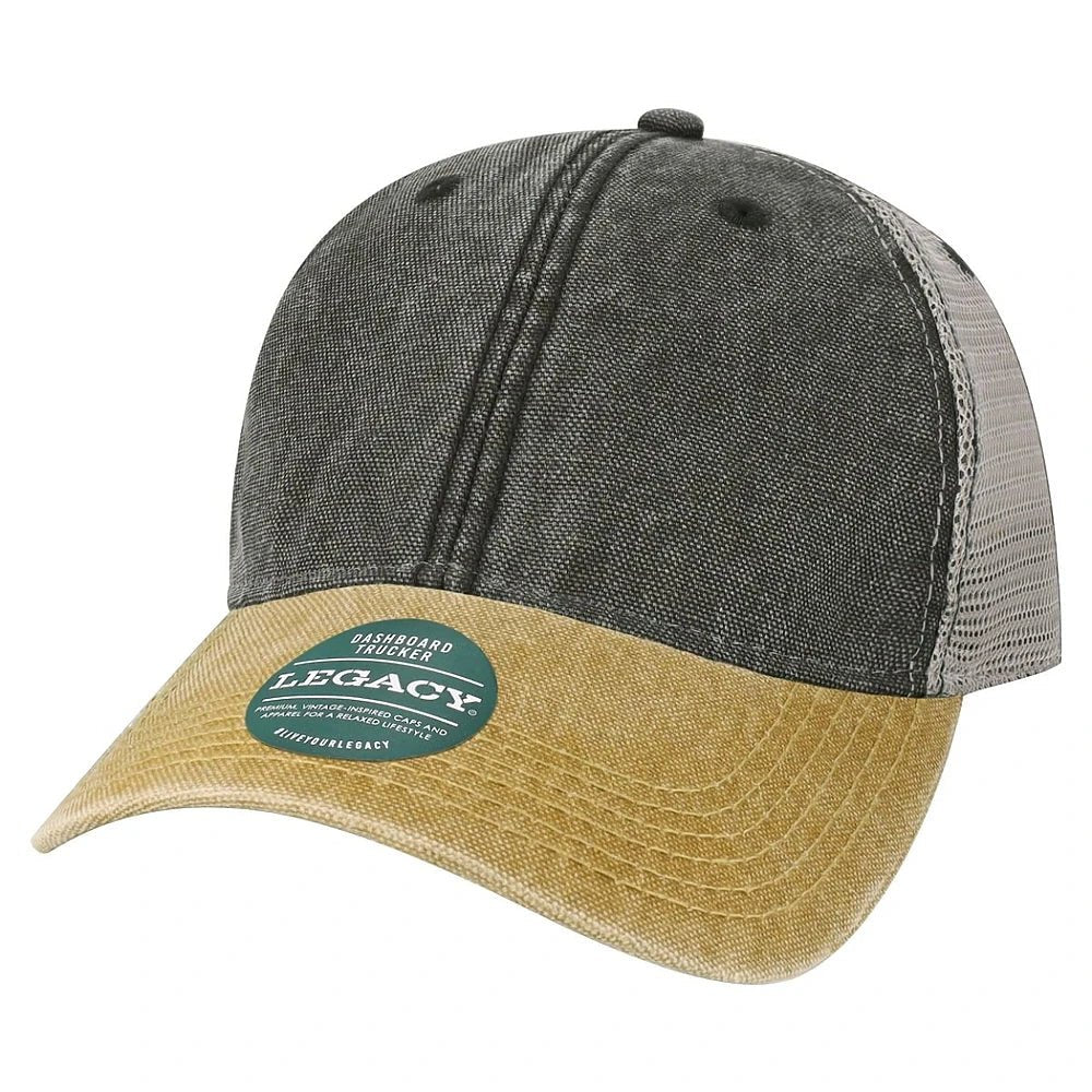 Custom Legacy DTA "Dashboard" Trucker Cap | Unstructured Low - Profile Vintage Hat - Black/ Camel/ Grey - The Luua Company