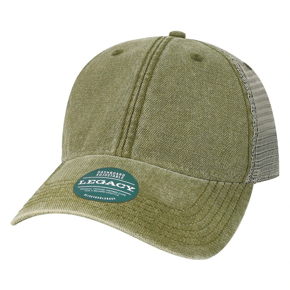 Custom Legacy DTA "Dashboard" Trucker Cap | Unstructured Low - Profile Vintage Hat - Olive/ Grey - The Luua Company