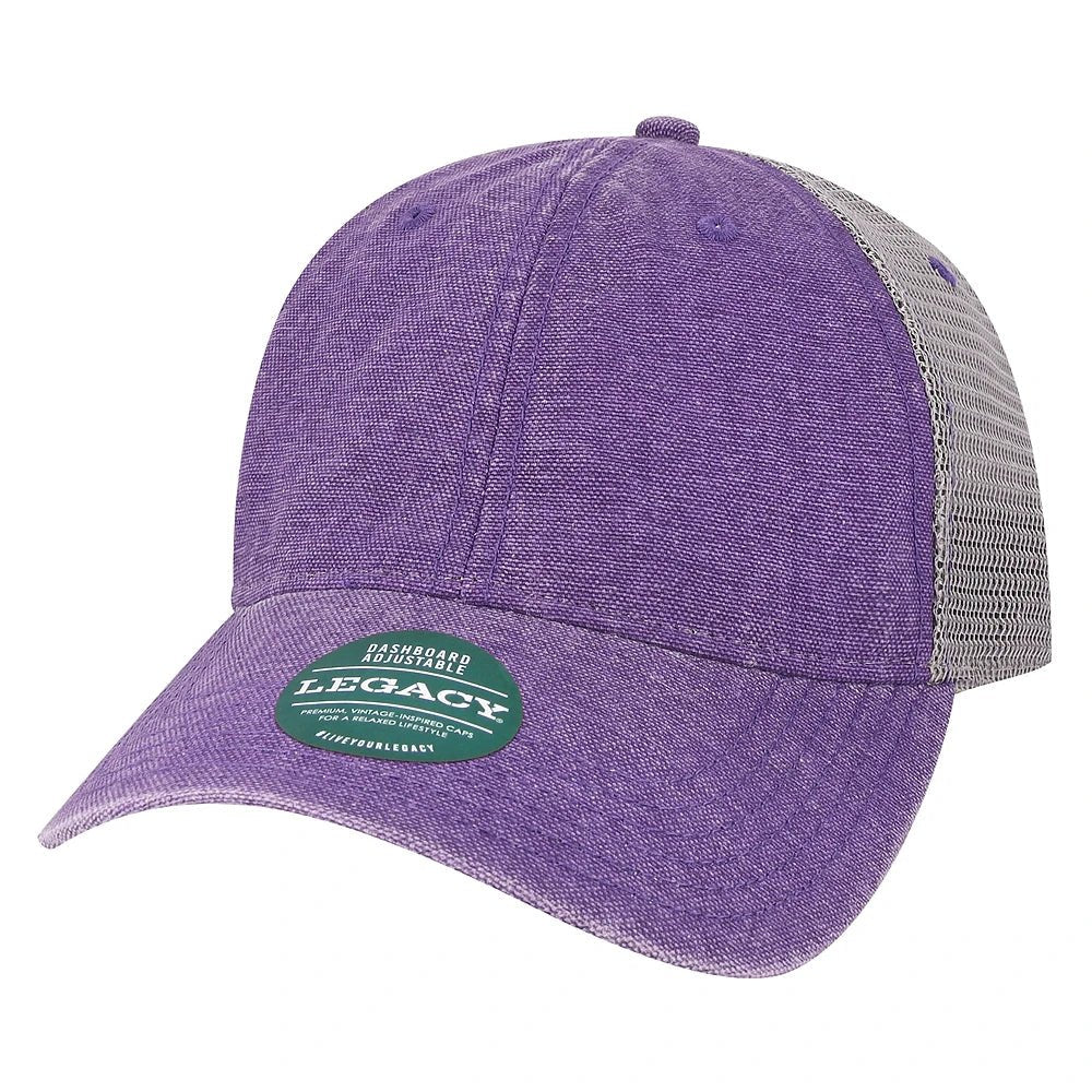 Custom Legacy DTA "Dashboard" Trucker Cap | Unstructured Low - Profile Vintage Hat - Purple/ Grey - The Luua Company
