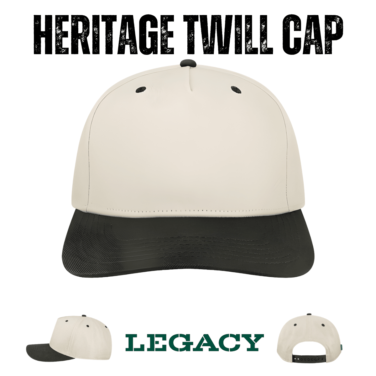 Custom Legacy HTA Heritage Twill Cap | Heavyweight Structured 5 - Panel Hat - Stone/ Black - The Luua Company