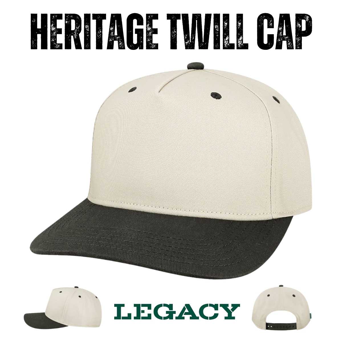 Custom Legacy HTA Heritage Twill Cap | Heavyweight Structured 5 - Panel Hat - Stone/ Black - The Luua Company