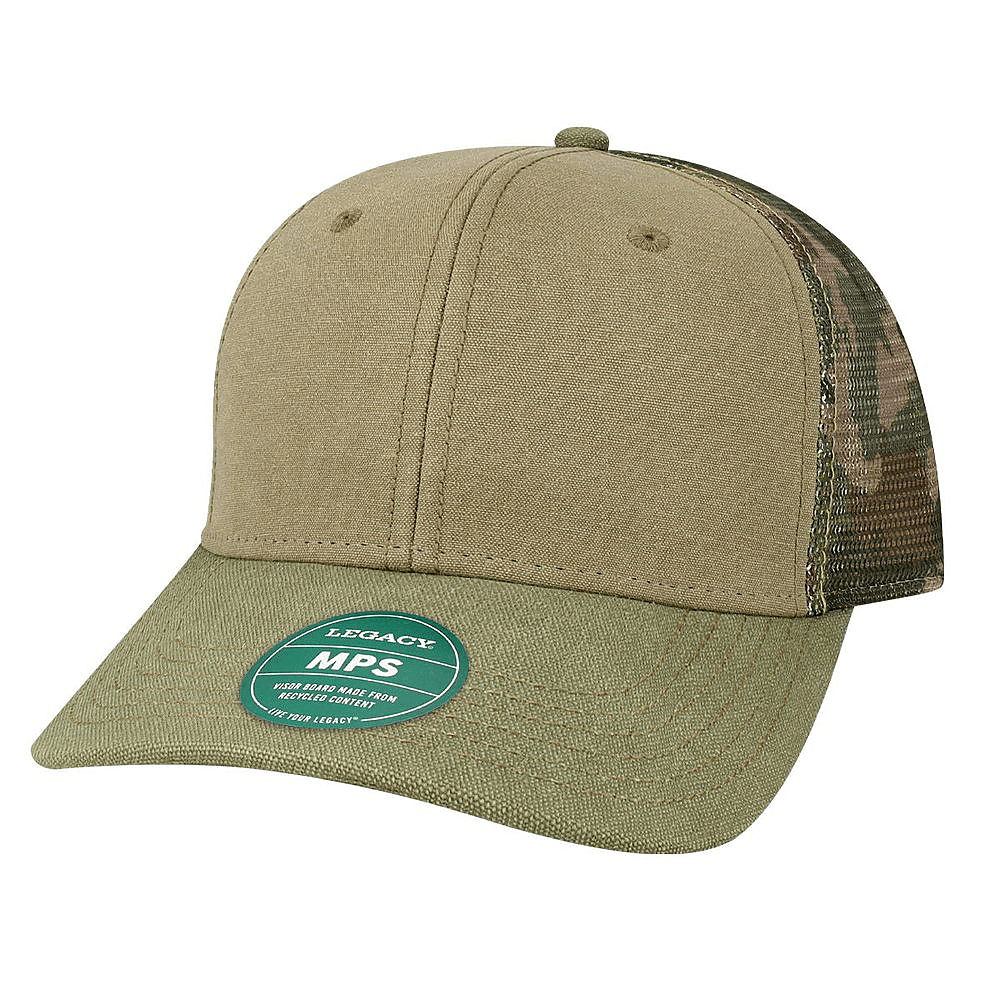Custom Legacy MPS Mid-Pro Snapback Trucker | Structured 6-Panel Mesh Back Hat - Khaki/ Sage/ Camo Mesh