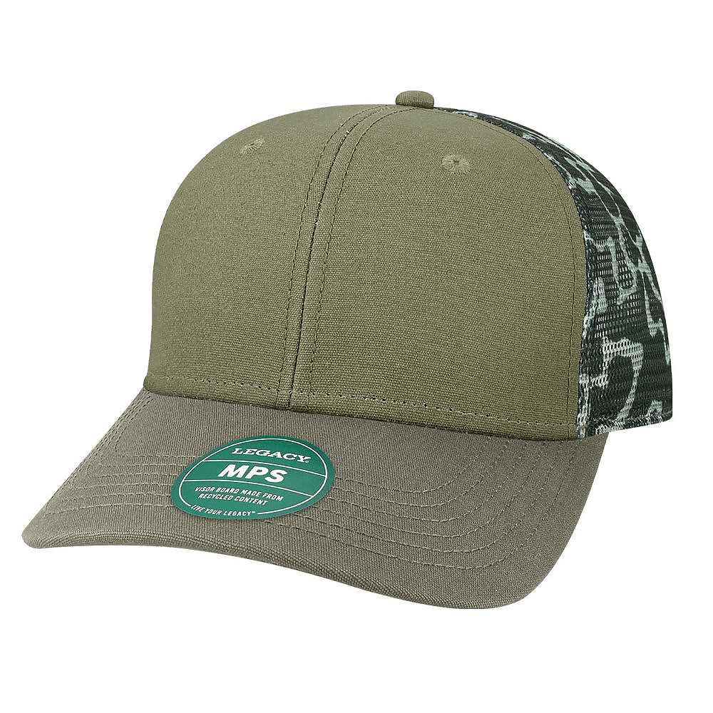 Custom Legacy MPS Mid-Pro Snapback Trucker | Structured 6-Panel Mesh Back Hat - Olive/ Grey/ Grey Camo