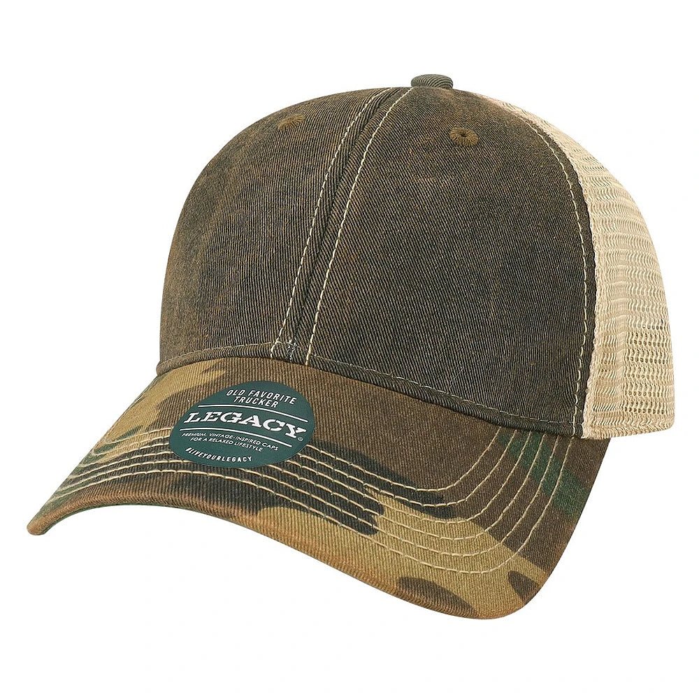 Custom Legacy Old Favorite Trucker OFA | Vintage Trucker Hat - Black/ Army Camo/ Khaki - The Luua Company