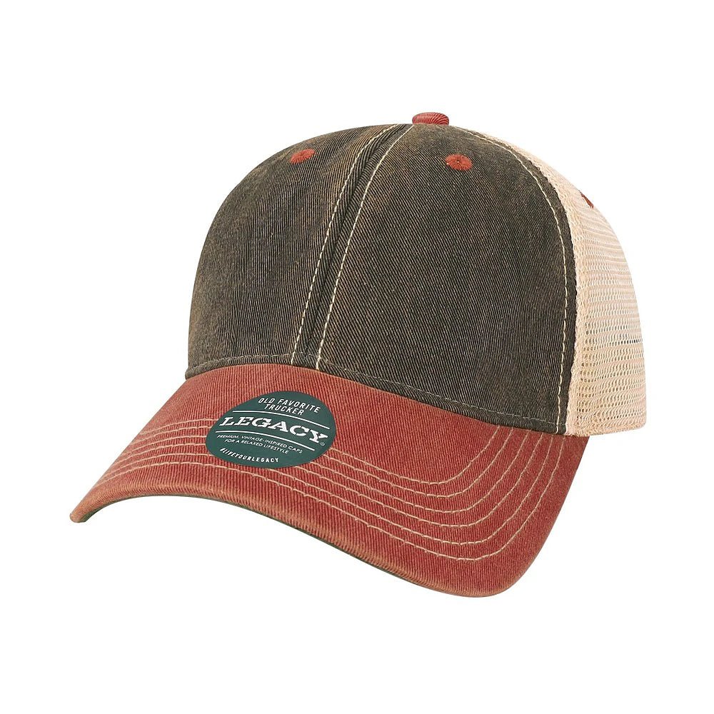 Custom Legacy Old Favorite Trucker OFA | Vintage Trucker Hat - Black/ Cardinal/ Khaki - The Luua Company