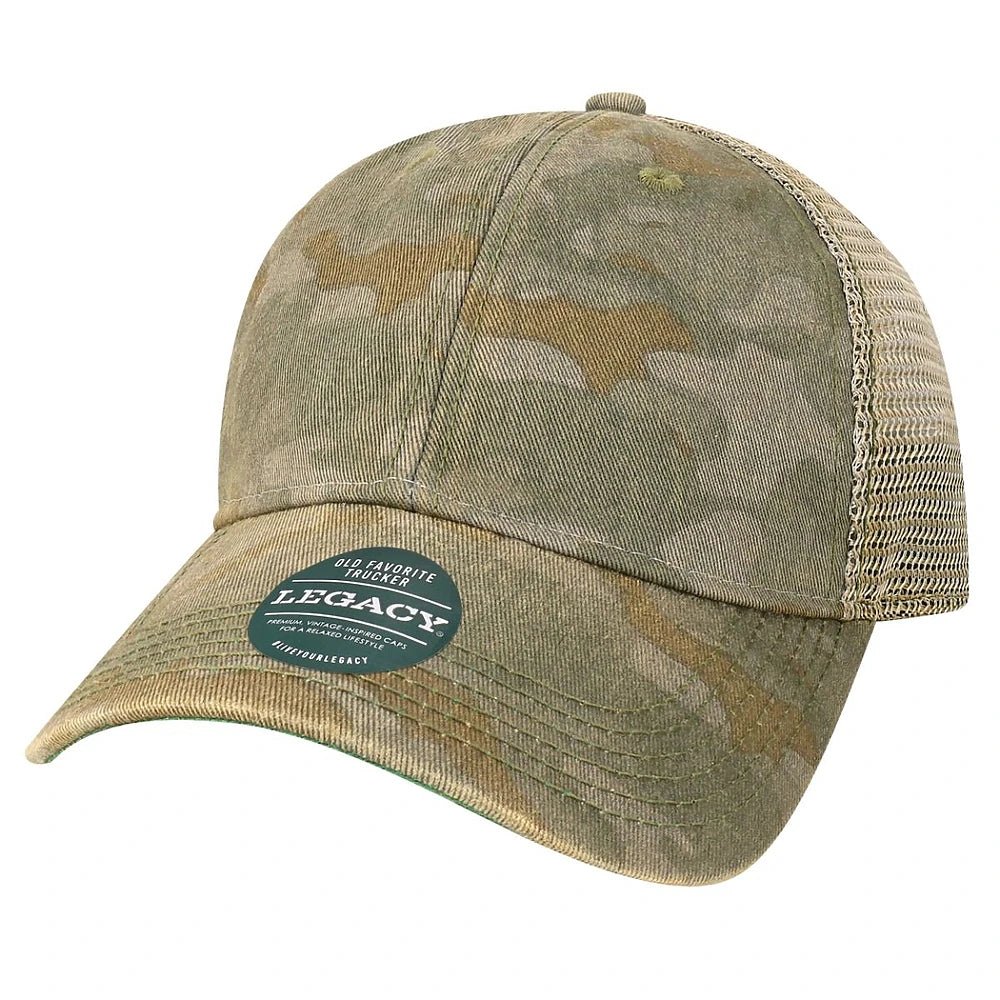 Custom Legacy Old Favorite Trucker OFA | Vintage Trucker Hat - Green Field Camo/ Java - The Luua Company