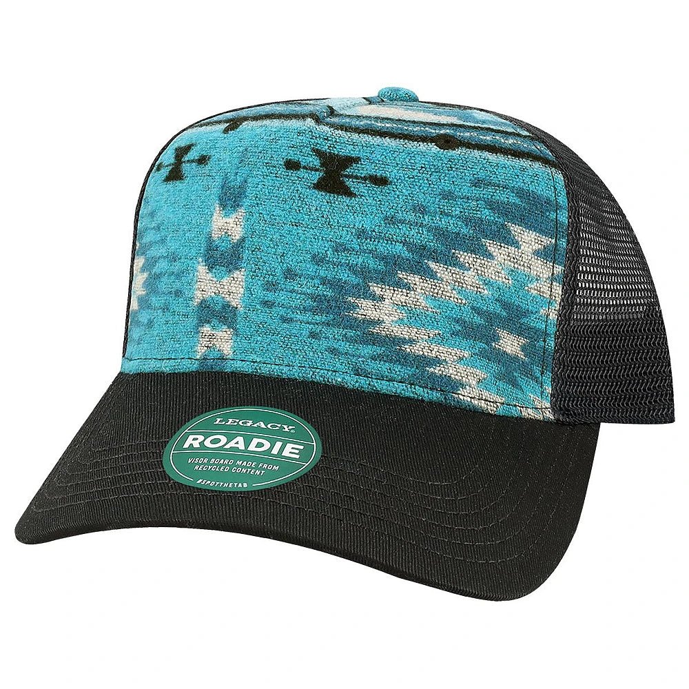 Custom Legacy Roadie 5 - Panel Trucker | Structured Seamless Hat - Aqua Aztec/ Black - The Luua Company