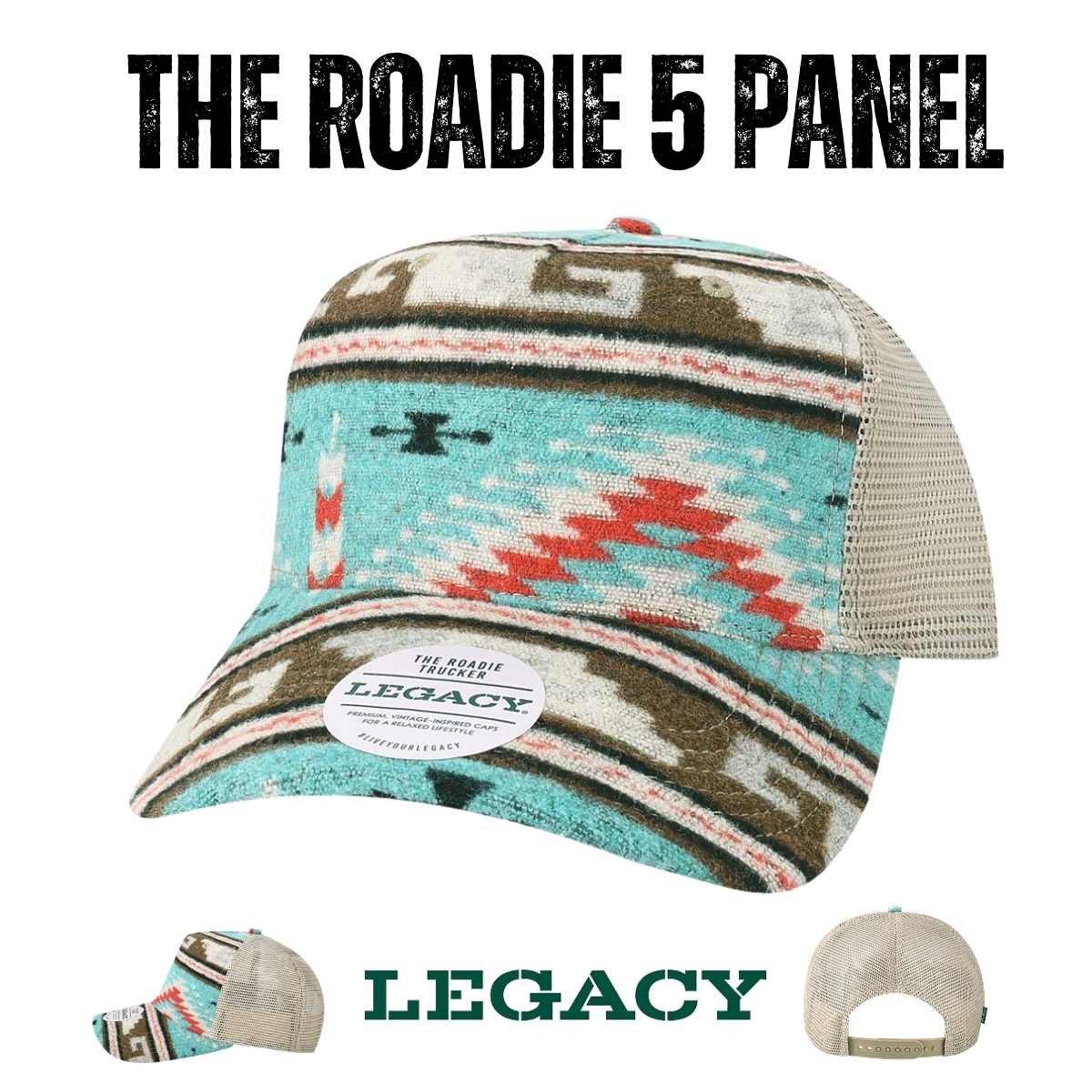 Custom Legacy Roadie 5 - Panel Trucker | Structured Seamless Hat - Aqua Aztec/ Black - The Luua Company