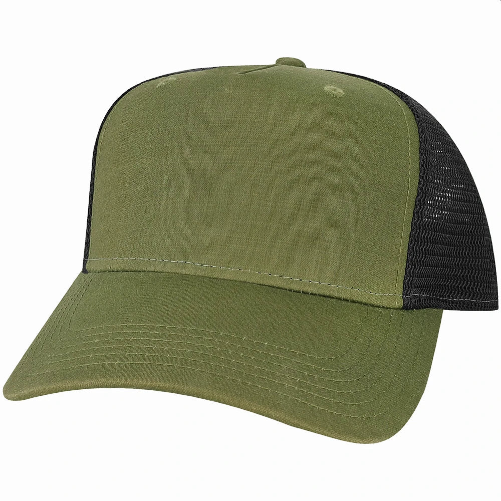 Custom Legacy Roadie 5 - Panel Trucker | Structured Seamless Hat - Olive Slub/ Black - The Luua Company