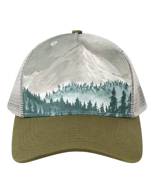 Custom Locale 5PTKR Trucker Cap – Sublimated Landscape 5 - Panel Hat - Denali Olive Green/ Grey - The Luua Company