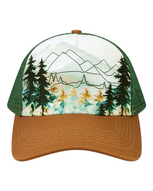 Custom Locale 5PTKR Trucker Cap – Sublimated Landscape 5 - Panel Hat - Explorer/ Brown - The Luua Company