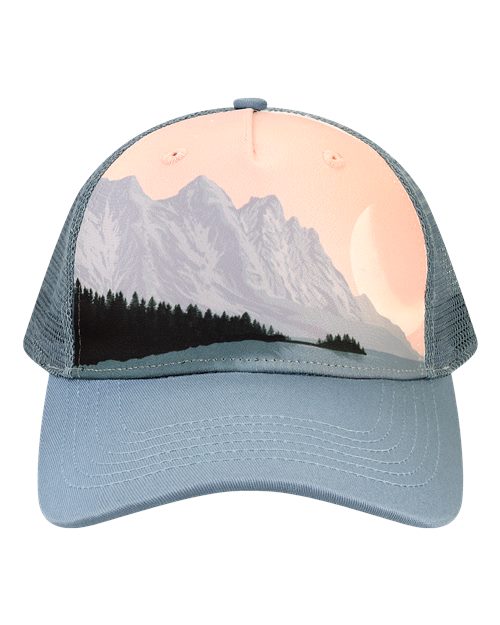 Custom Locale 5PTKR Trucker Cap – Sublimated Landscape 5 - Panel Hat - Front Range/ Slate Blue Sarah D - The Luua Company