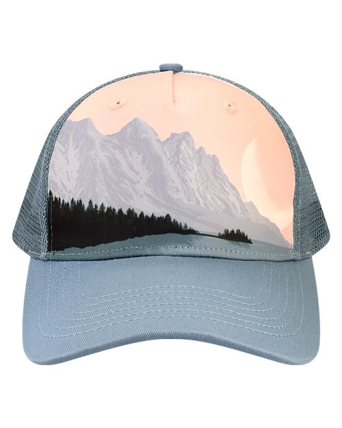 Custom Locale 5PTKR Trucker Cap – Sublimated Landscape 5 - Panel Hat - Mountain Contours Maroon/ Slate - The Luua Company