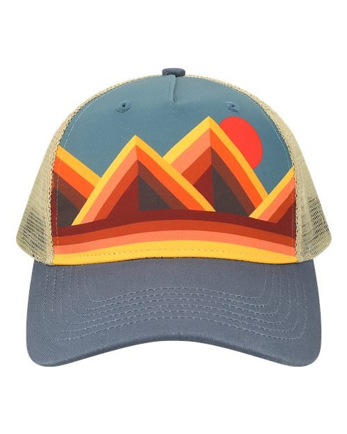 Custom Locale 5PTKR Trucker Cap – Sublimated Landscape 5 - Panel Hat - Mountain Contours Maroon/ Slate - The Luua Company